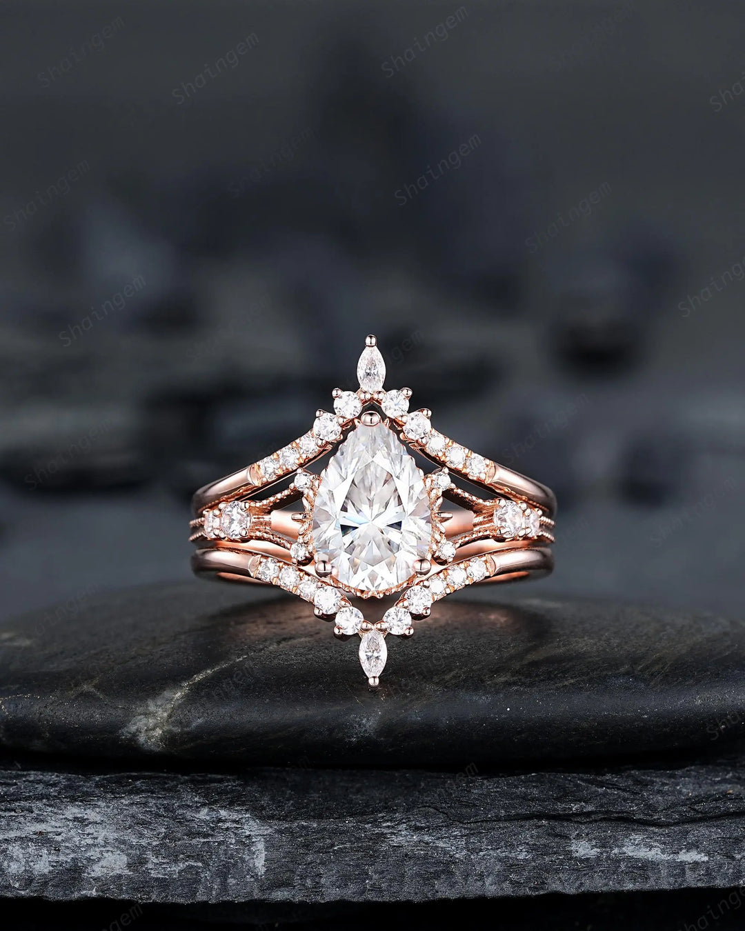 3PCS Pear Shape Moissanite Engagement Ring Set, Solid Rose Gold Bridal Set, Unique Split Shank Wedding Set Promise Ring, Platinum Rings - ShainJewelry