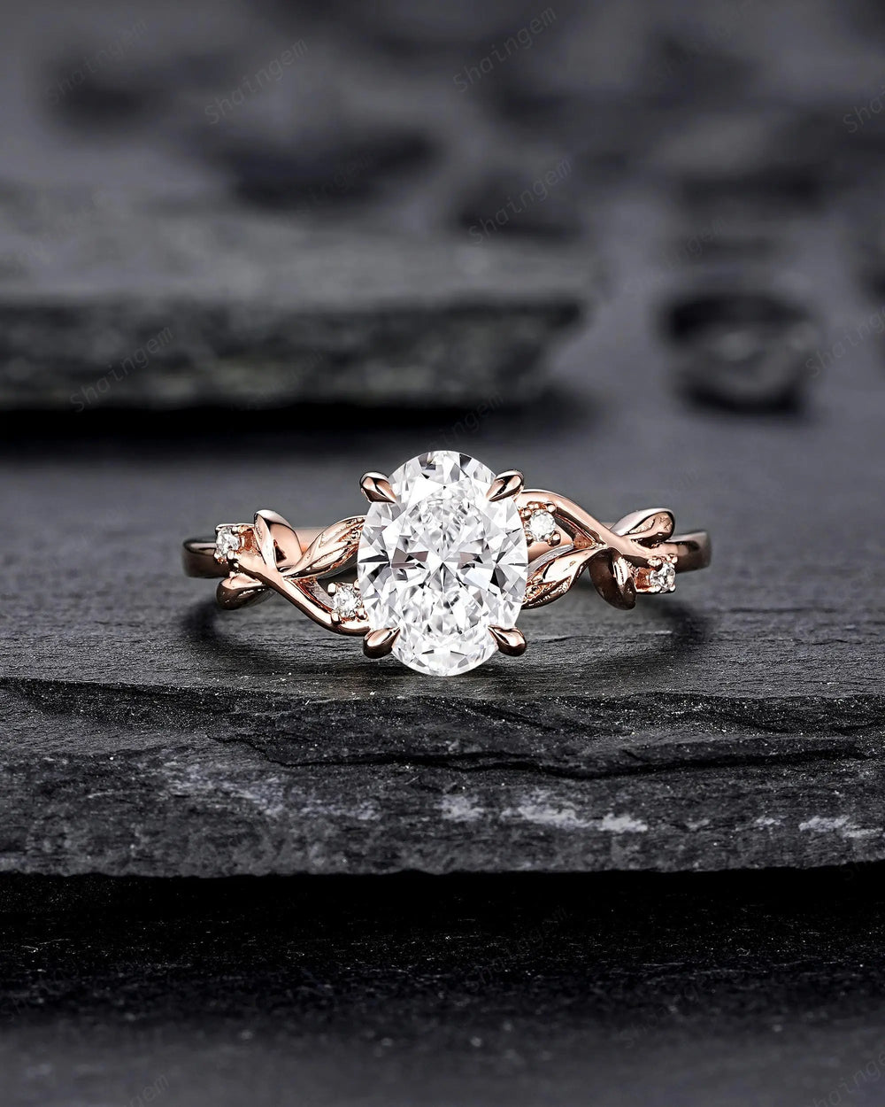 IGI Certified 1 Carat Oval Shape Lab Grown Diamond Engagement Ring: Solid Rose Gold Promise Ring, Platinum Wedding Ring, Twig Branch Leaf - ShainJewelry