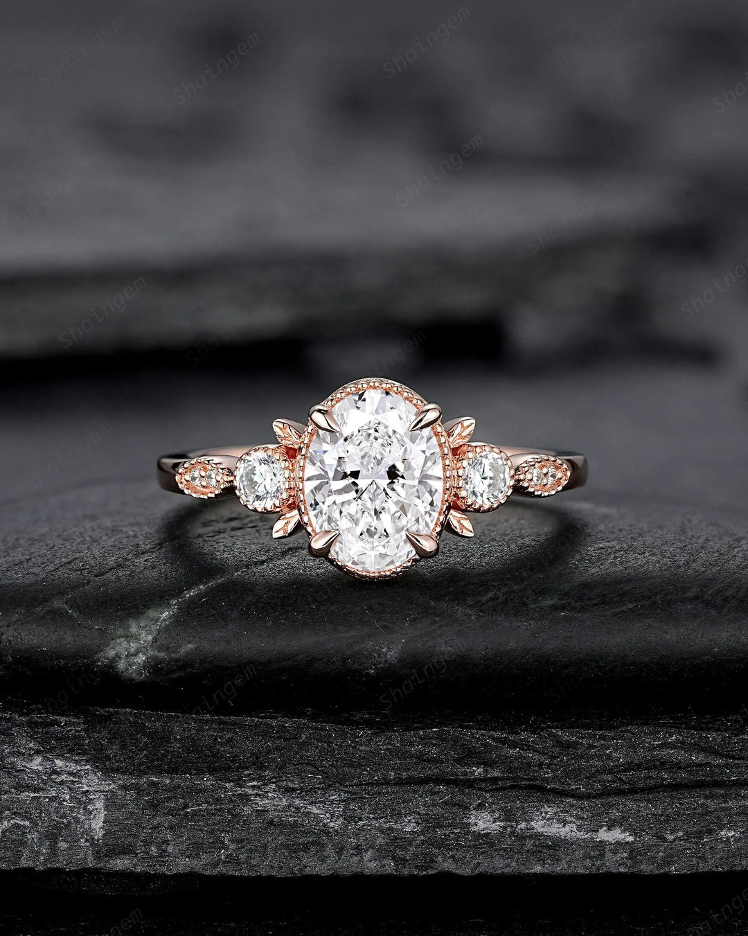 IGI Certified 1 Carat Oval Shape Lab Grown Diamond Engagement Ring: Solid Rose Gold Milgrain Promise Ring, Platinum Wedding Ring for Women - ShainJewelry