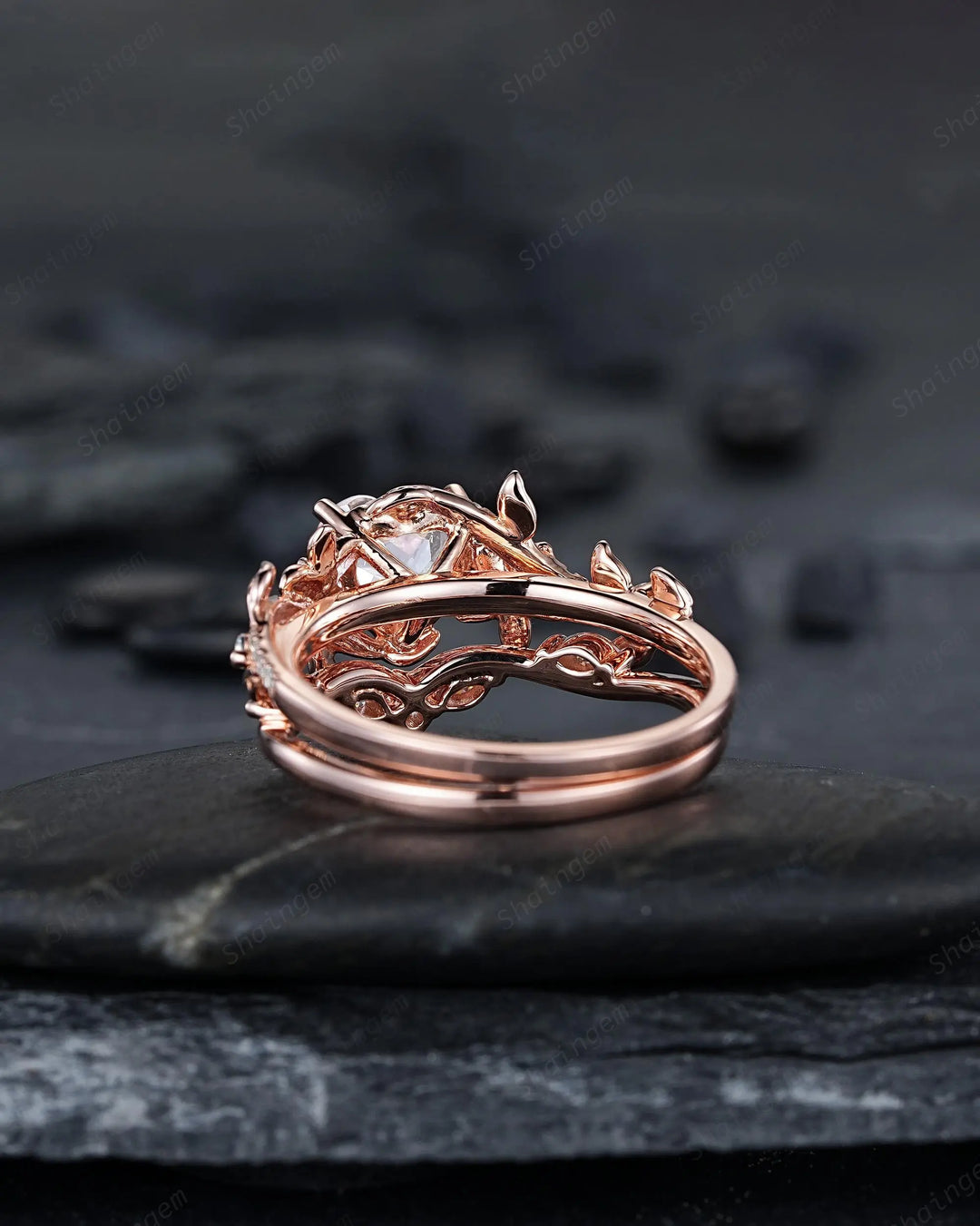 Vintage Heart Shape Moissanite Engagement Ring, Rose Gold Leaf Wedding Set, Nature Inspired Promise Ring, Twig Branch Rings for Women - ShainJewelry