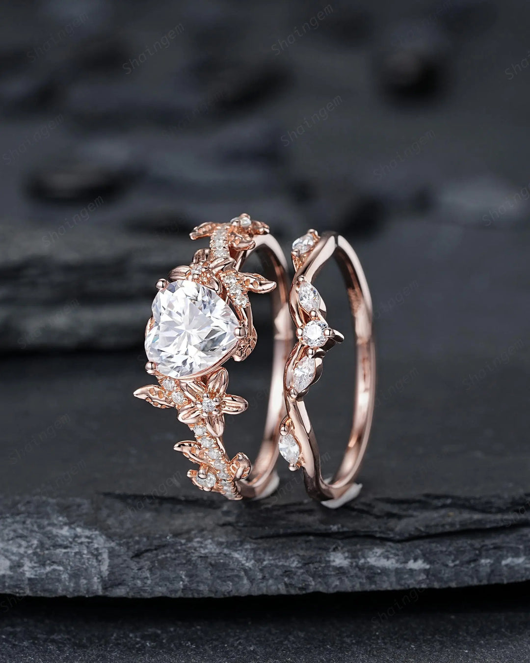 Vintage Heart Shape Moissanite Engagement Ring, Rose Gold Leaf Wedding Set, Nature Inspired Promise Ring, Twig Branch Rings for Women - ShainJewelry