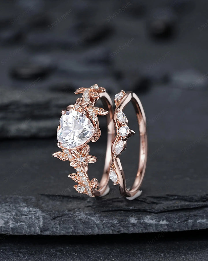 Vintage Heart Shape Moissanite Engagement Ring, Rose Gold Leaf Wedding Set, Nature Inspired Promise Ring, Twig Branch Rings for Women - ShainJewelry