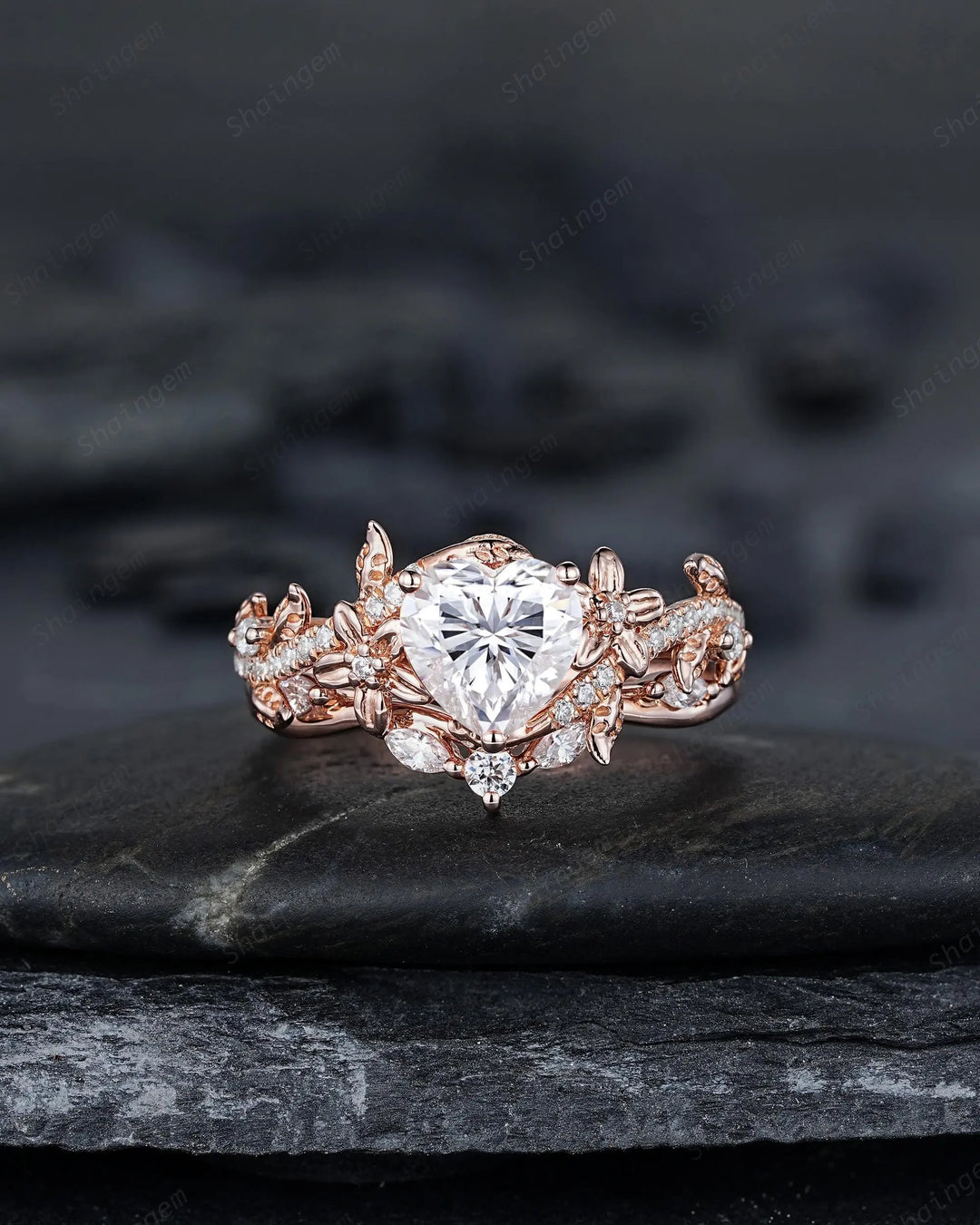 Vintage Heart Shape Moissanite Engagement Ring, Rose Gold Leaf Wedding Set, Nature Inspired Promise Ring, Twig Branch Rings for Women - ShainJewelry