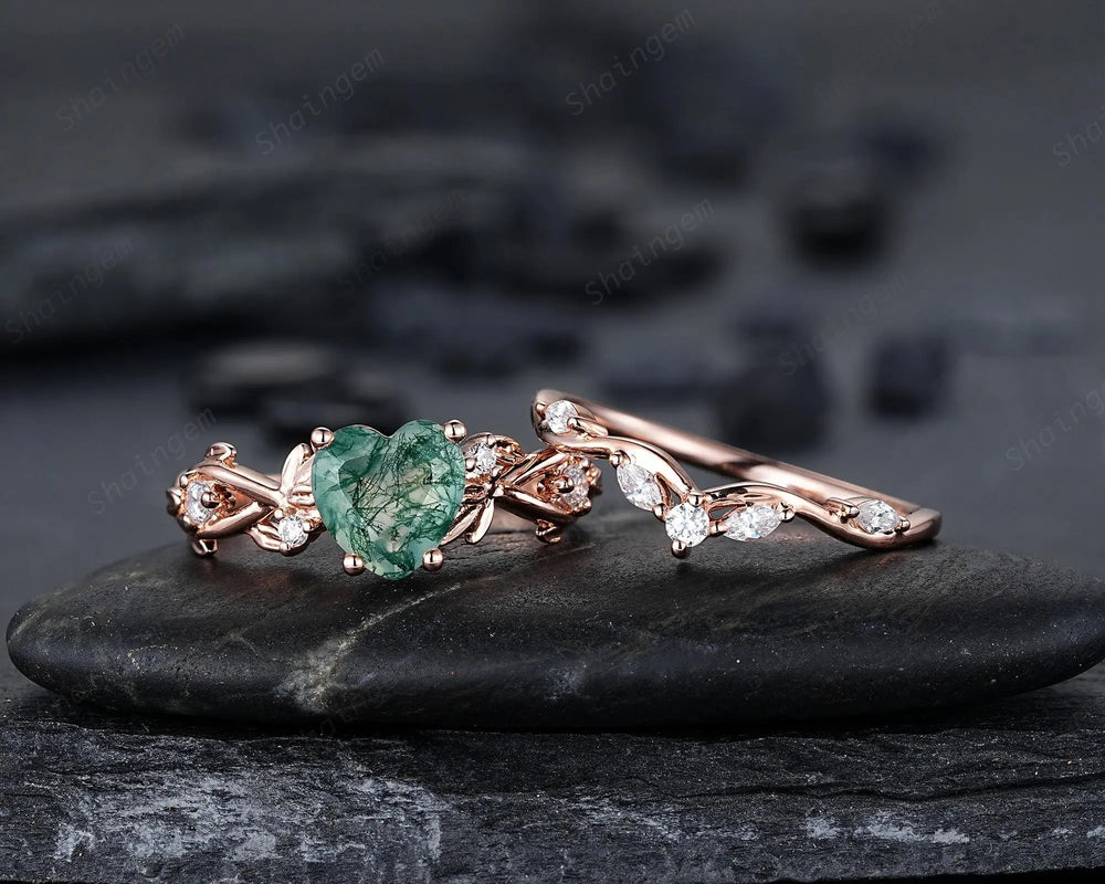 Heart Shape Moss Agate Engagement Ring: Rose Gold Vine Leaf Wedding Set, Nature Inspired Promise Ring, 24K Gold Plated Silver 925 Ring - ShainJewelry