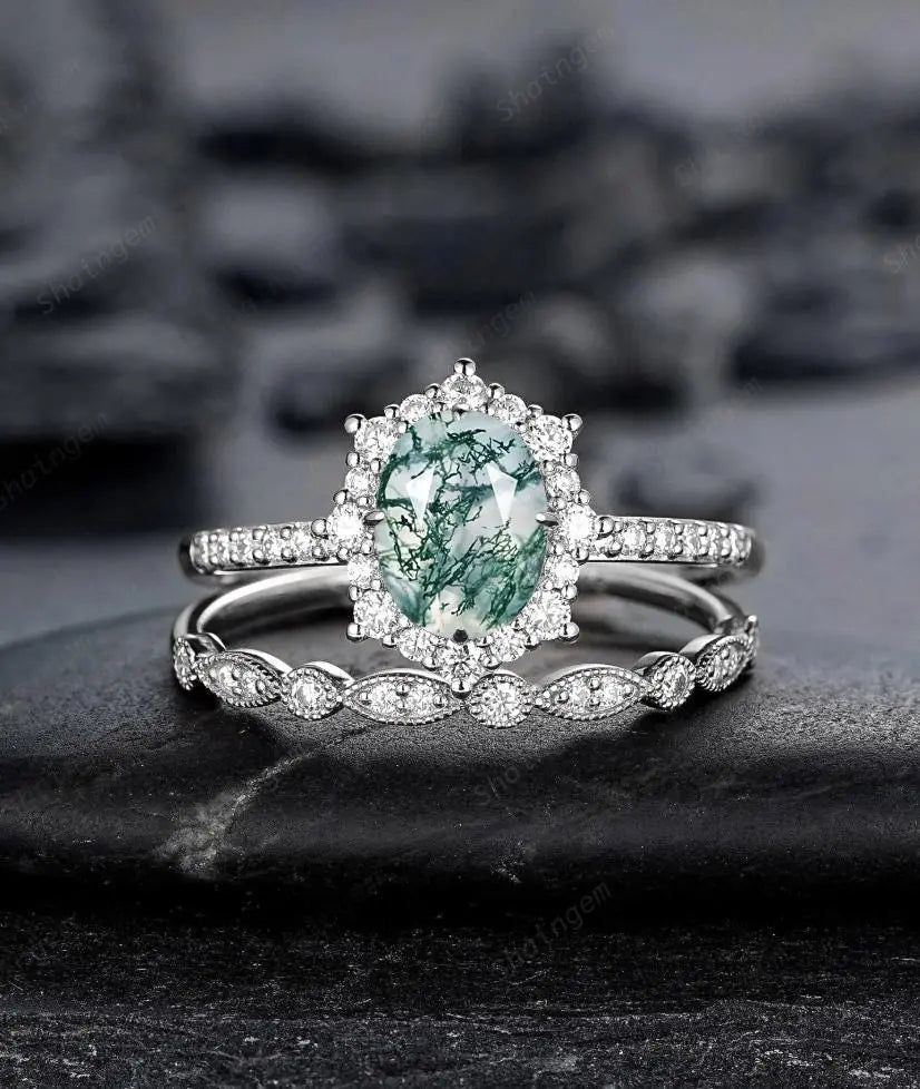 Moss Agate Engagement Ring Set: Platinum Mossy Agate and Diamond Ring, White Gold Halo Wedding Set, 925 Sterling Silver Promise Rings - ShainJewelry