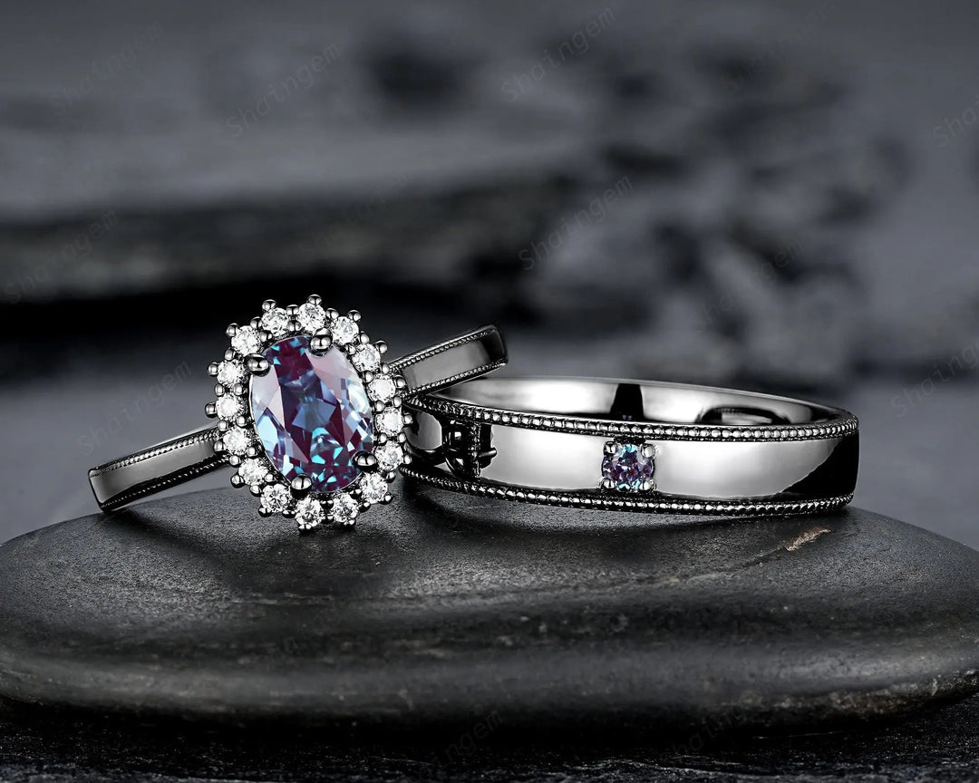 Gothic His and Hers Alexandrite Couple Ring Set, Black Gold Matching Band, Black Rhodium Halo Engagement Wedding Ring Milgrain Men's Band - ShainJewelry