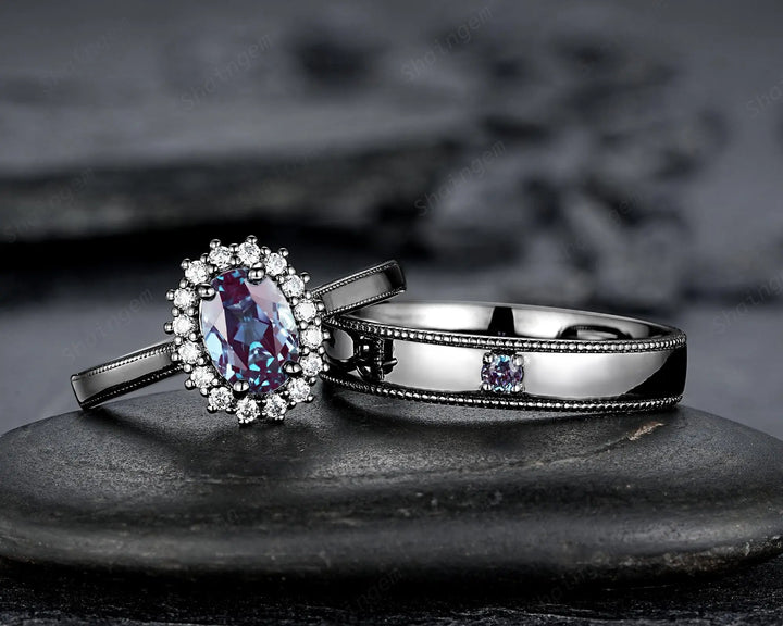 Gothic His and Hers Alexandrite Couple Ring Set, Black Gold Matching Band, Black Rhodium Halo Engagement Wedding Ring Milgrain Men's Band - ShainJewelry