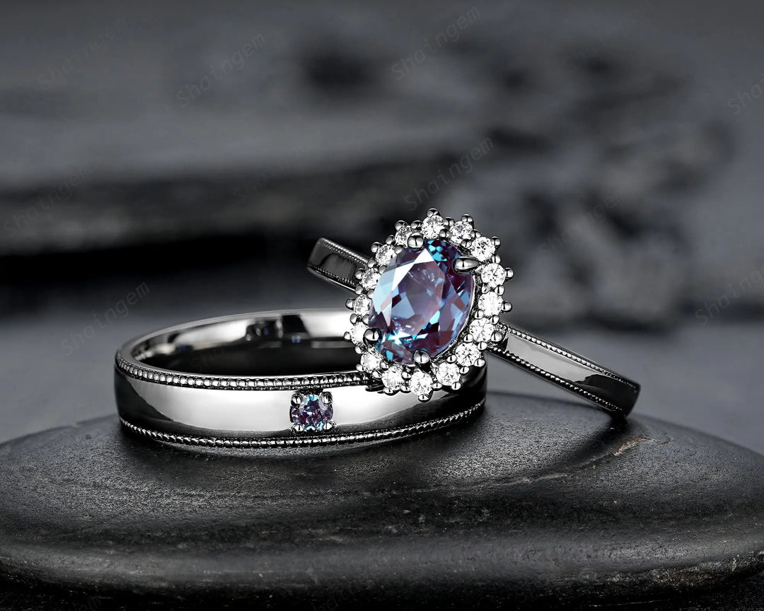Gothic His and Hers Alexandrite Couple Ring Set, Black Gold Matching Band, Black Rhodium Halo Engagement Wedding Ring Milgrain Men's Band - ShainJewelry