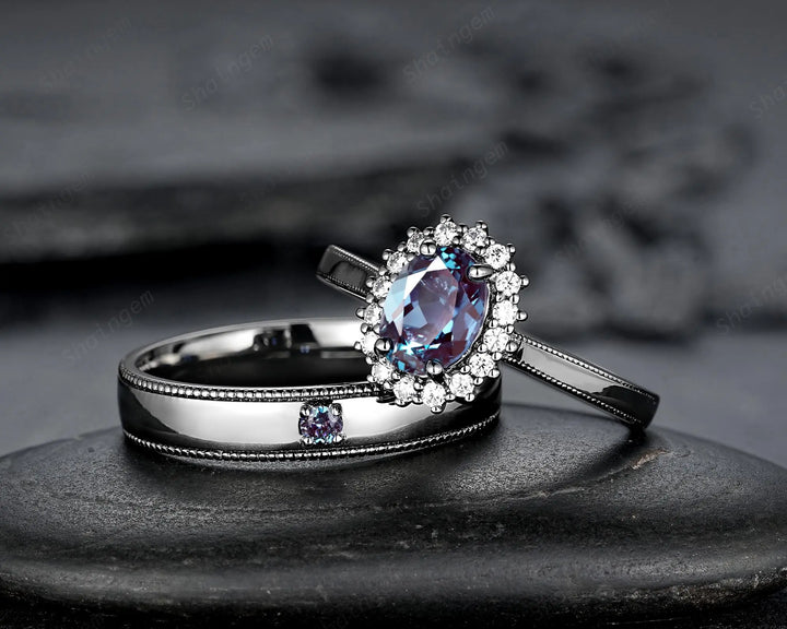 Gothic His and Hers Alexandrite Couple Ring Set, Black Gold Matching Band, Black Rhodium Halo Engagement Wedding Ring Milgrain Men's Band - ShainJewelry