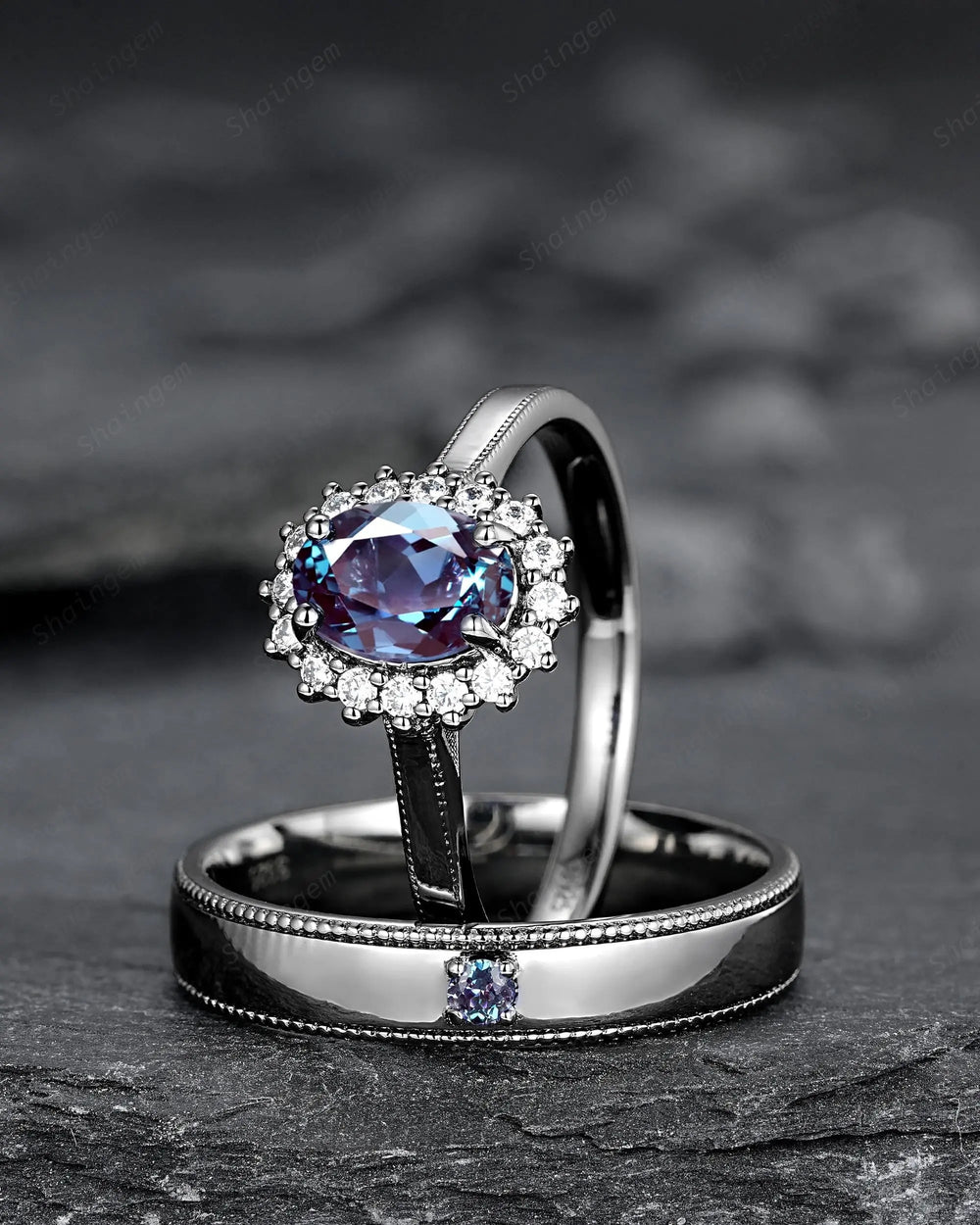 Gothic His and Hers Alexandrite Couple Ring Set, Black Gold Matching Band, Black Rhodium Halo Engagement Wedding Ring Milgrain Men's Band - ShainJewelry