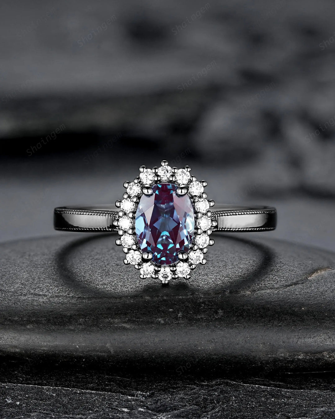 Gothic His and Hers Alexandrite Couple Ring Set, Black Gold Matching Band, Black Rhodium Halo Engagement Wedding Ring Milgrain Men's Band - ShainJewelry