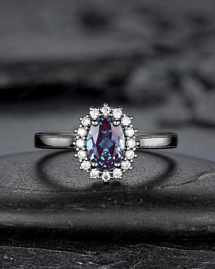 Gothic His and Hers Alexandrite Couple Ring Set, Black Gold Matching Band, Black Rhodium Halo Engagement Wedding Ring Milgrain Men's Band - ShainJewelry