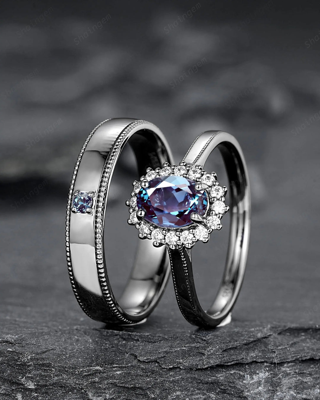 Gothic His and Hers Alexandrite Couple Ring Set, Black Gold Matching Band, Black Rhodium Halo Engagement Wedding Ring Milgrain Men's Band - ShainJewelry