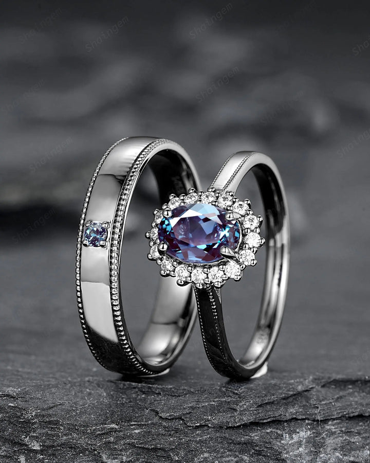 Gothic His and Hers Alexandrite Couple Ring Set, Black Gold Matching Band, Black Rhodium Halo Engagement Wedding Ring Milgrain Men's Band - ShainJewelry