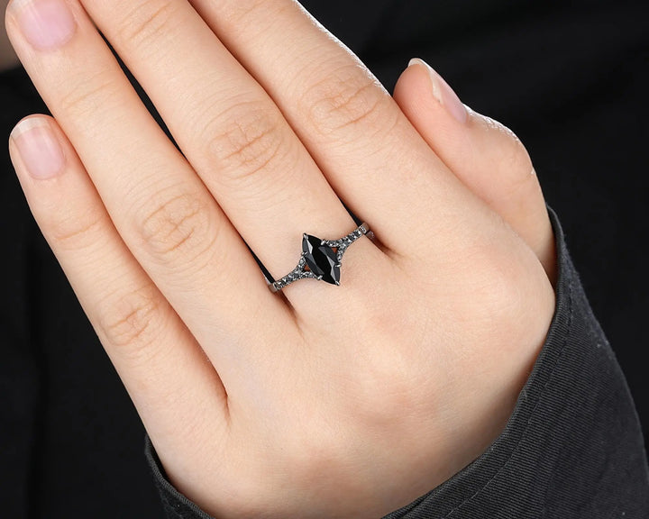 Gothic Marquise Cut Natural Black Onyx Engagement Ring, Black Rhodium Promise Ring, Dark Wedding Ring, Half Eternity Split Shank Bridal Ring - ShainJewelry