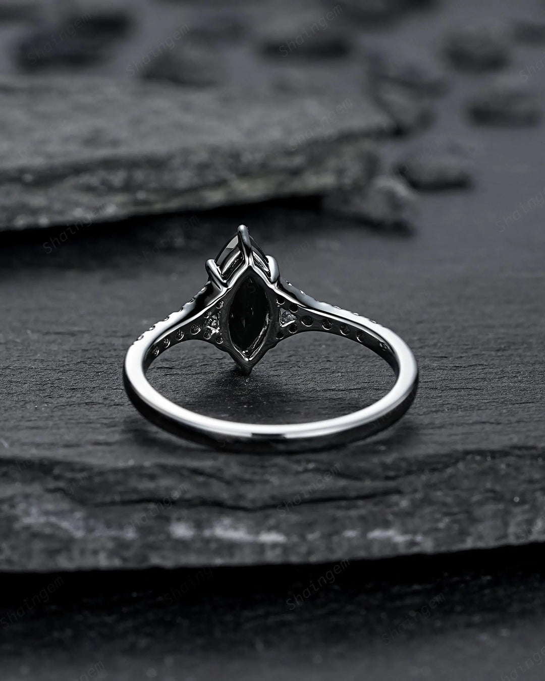 Gothic Marquise Cut Natural Black Onyx Engagement Ring, Black Rhodium Promise Ring, Dark Wedding Ring, Half Eternity Split Shank Bridal Ring - ShainJewelry