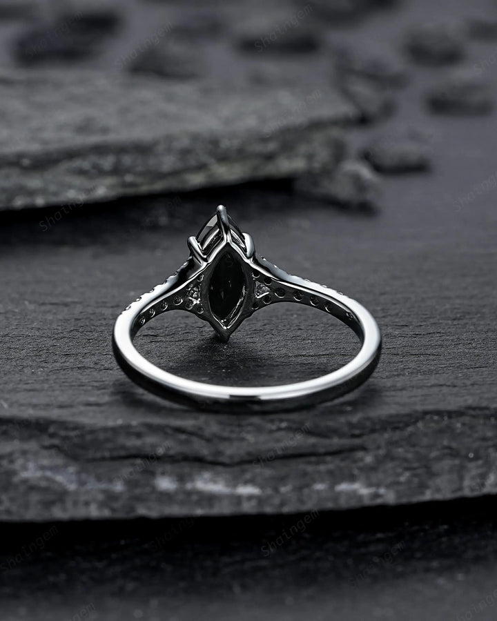 Gothic Marquise Cut Natural Black Onyx Engagement Ring, Black Rhodium Promise Ring, Dark Wedding Ring, Half Eternity Split Shank Bridal Ring - ShainJewelry