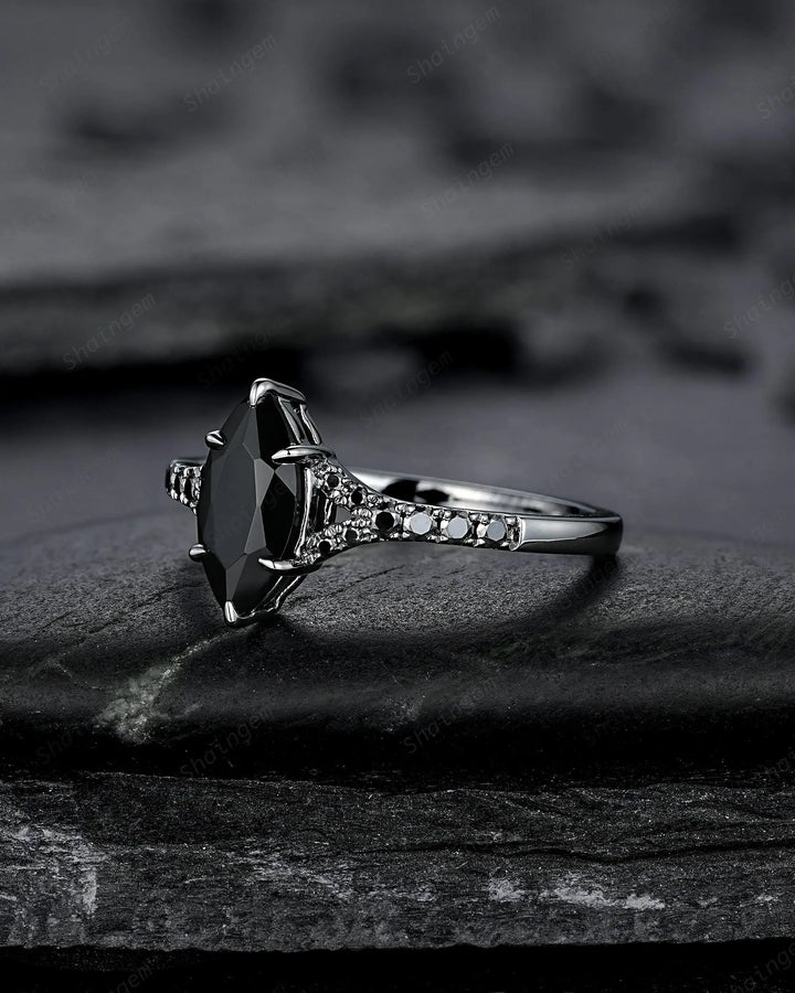 Gothic Marquise Cut Natural Black Onyx Engagement Ring, Black Rhodium Promise Ring, Dark Wedding Ring, Half Eternity Split Shank Bridal Ring - ShainJewelry