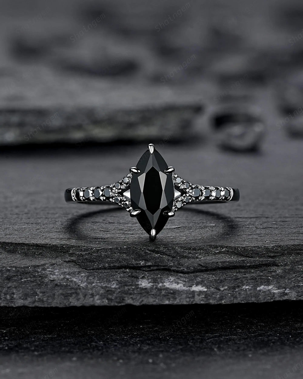 Gothic Marquise Cut Natural Black Onyx Engagement Ring, Black Rhodium Promise Ring, Dark Wedding Ring, Half Eternity Split Shank Bridal Ring - ShainJewelry