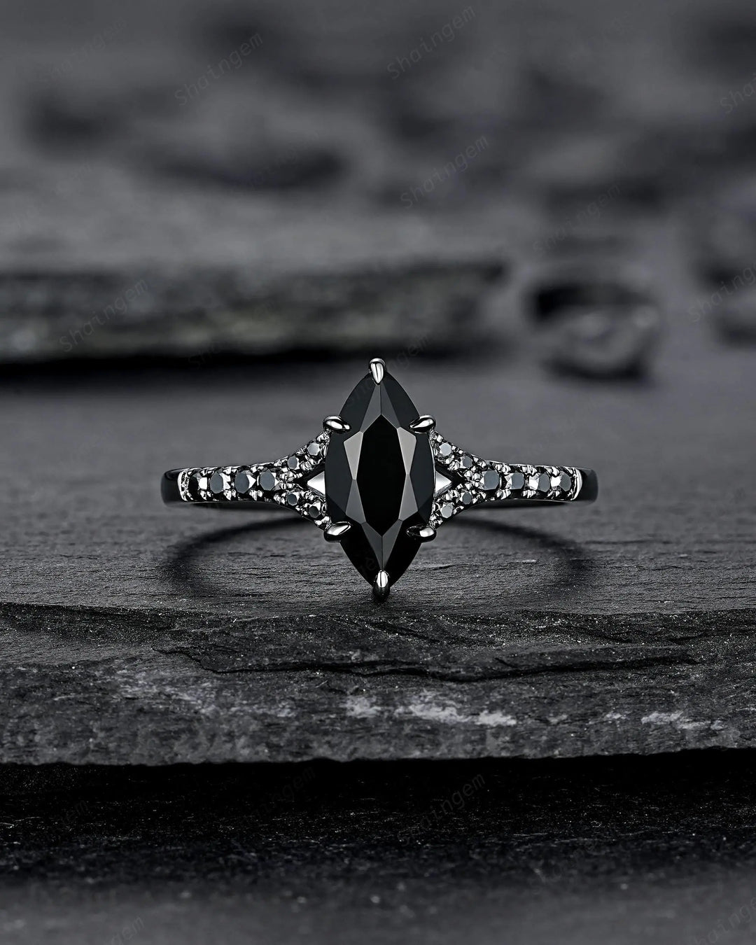 Gothic Marquise Cut Natural Black Onyx Engagement Ring, Black Rhodium Promise Ring, Dark Wedding Ring, Half Eternity Split Shank Bridal Ring - ShainJewelry