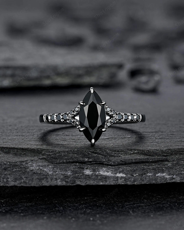 Gothic Marquise Cut Natural Black Onyx Engagement Ring, Black Rhodium Promise Ring, Dark Wedding Ring, Half Eternity Split Shank Bridal Ring - ShainJewelry