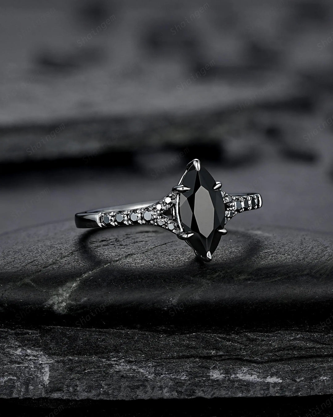 Gothic Marquise Cut Natural Black Onyx Engagement Ring, Black Rhodium Promise Ring, Dark Wedding Ring, Half Eternity Split Shank Bridal Ring - ShainJewelry