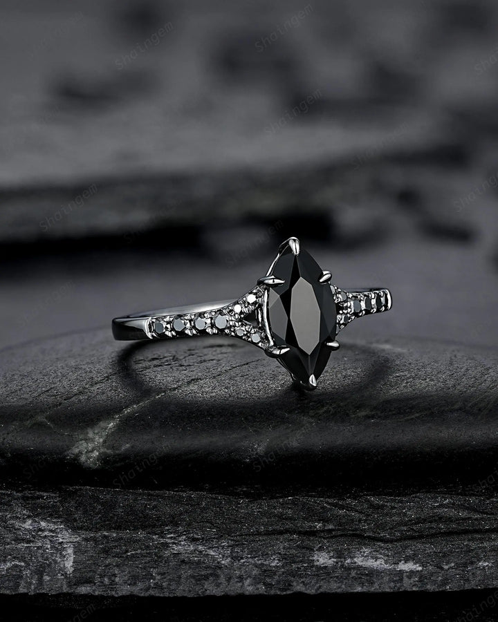 Gothic Marquise Cut Natural Black Onyx Engagement Ring, Black Rhodium Promise Ring, Dark Wedding Ring, Half Eternity Split Shank Bridal Ring - ShainJewelry