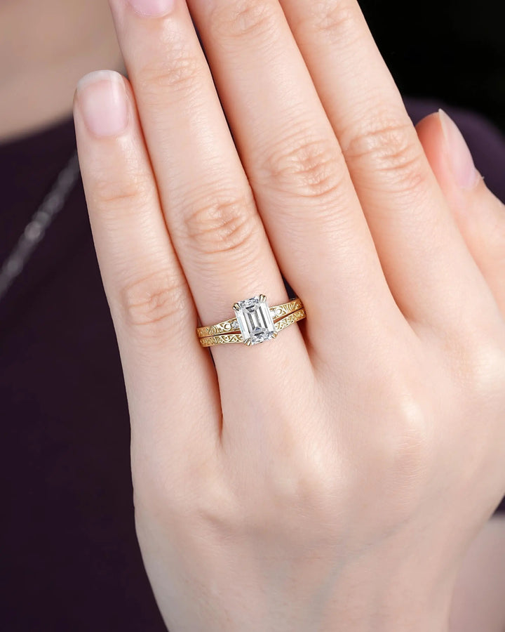 Vintage 2 Carat Emerald Cut Moissanite Engagement Ring Set, Yellow Gold Half Eternity Filigree Engraved High profile Promise Ring, Platinum - ShainJewelry