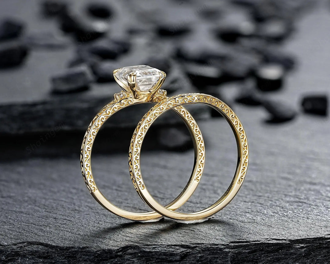 Vintage 2 Carat Emerald Cut Moissanite Engagement Ring Set, Yellow Gold Half Eternity Filigree Engraved High profile Promise Ring, Platinum - ShainJewelry