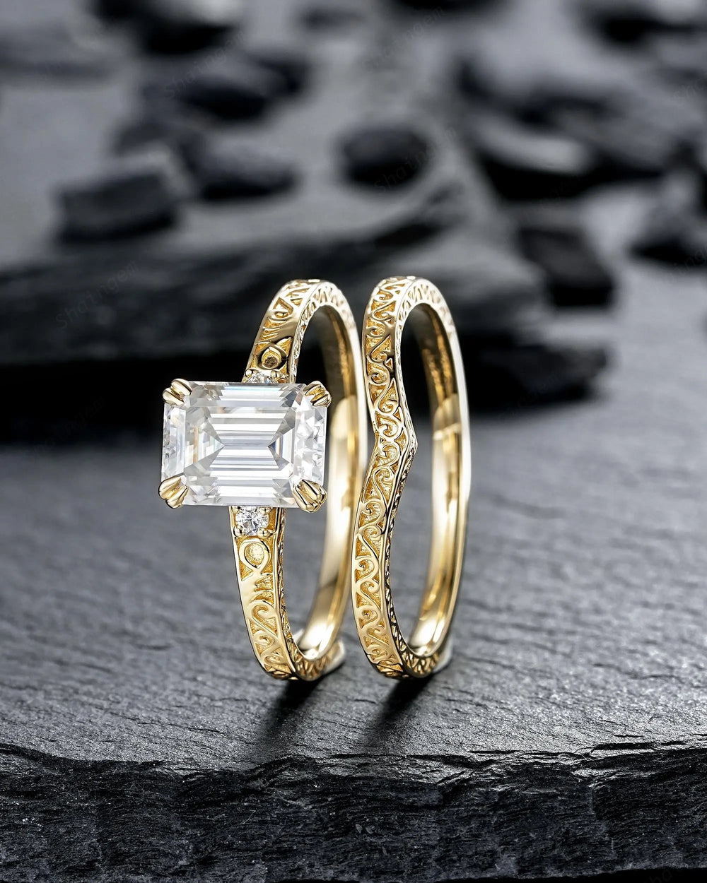 Vintage 2 Carat Emerald Cut Moissanite Engagement Ring Set, Yellow Gold Half Eternity Filigree Engraved High profile Promise Ring, Platinum - ShainJewelry