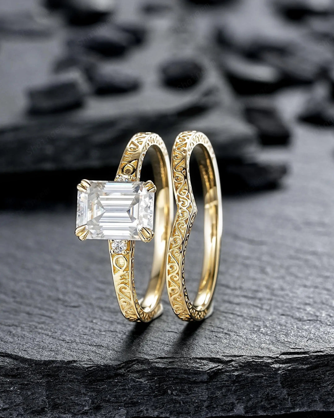 Vintage 2 Carat Emerald Cut Moissanite Engagement Ring Set, Yellow Gold Half Eternity Filigree Engraved High profile Promise Ring, Platinum - ShainJewelry