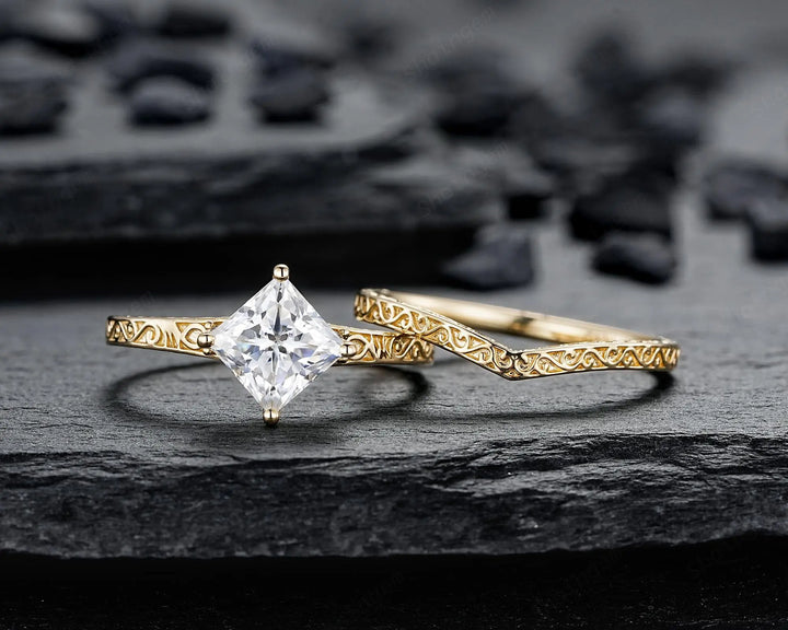 Vintage Princess Cut Moissanite Engagement Ring Set, Yellow Gold Half Eternity Filigree Engraved High profile Promise Ring, Platinum Rings - ShainJewelry