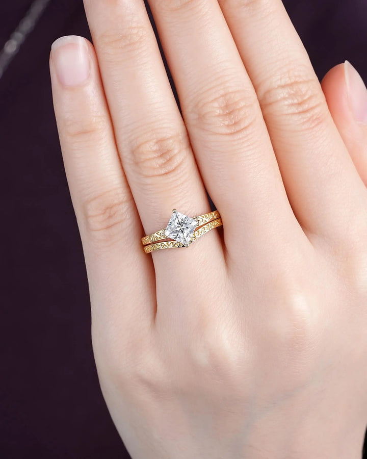 Vintage Princess Cut Moissanite Engagement Ring Set, Yellow Gold Half Eternity Filigree Engraved High profile Promise Ring, Platinum Rings - ShainJewelry