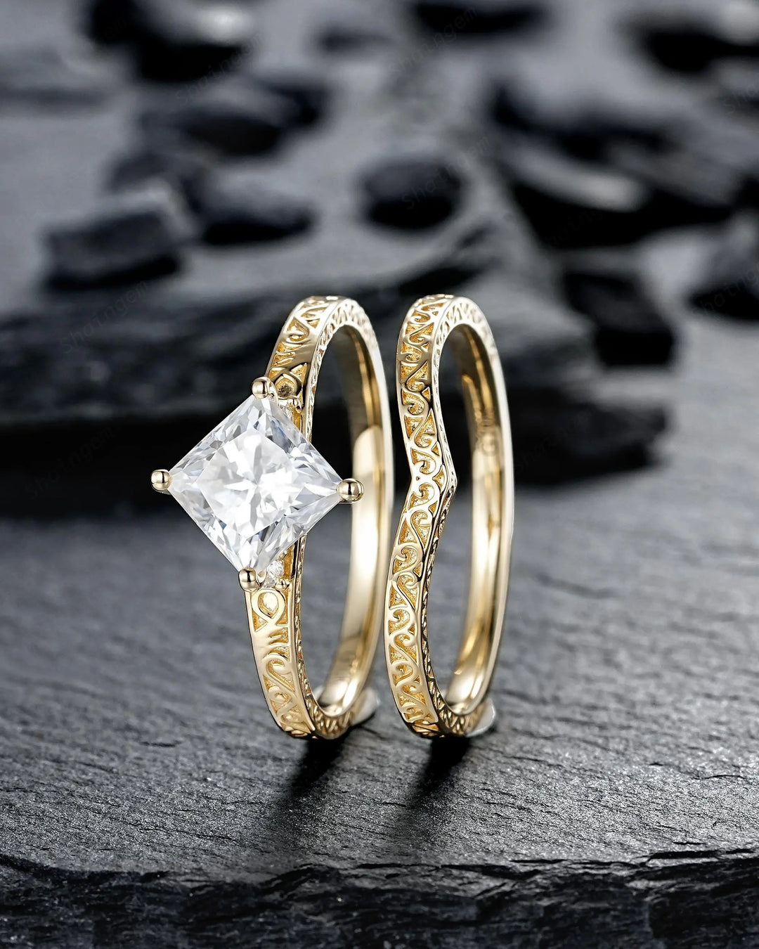 Vintage Princess Cut Moissanite Engagement Ring Set, Yellow Gold Half Eternity Filigree Engraved High profile Promise Ring, Platinum Rings - ShainJewelry