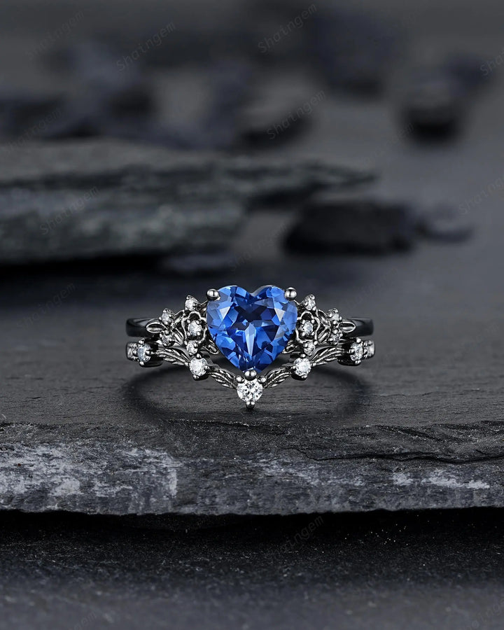 Gothic Heart Shape Blue Sapphire Engagement Ring Set: Dark Black Rhodium Promise Ring, Twig Leaf Wedding Ring, Black Gold Floral Rings - ShainJewelry