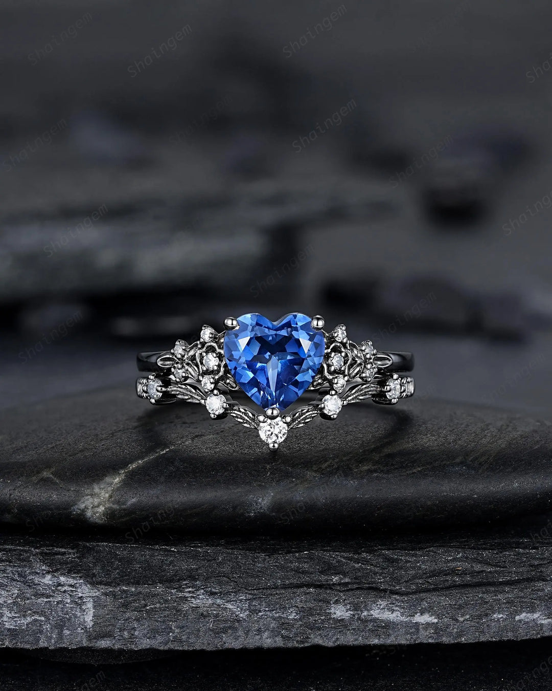 Gothic Heart Shape Blue Sapphire Engagement Ring Set: Dark Black Rhodium Promise Ring, Twig Leaf Wedding Ring, Black Gold Floral Rings - ShainJewelry