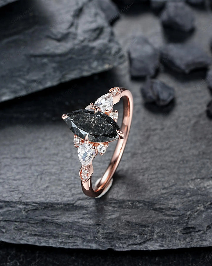 Marquise Salt and Pepper Diamond Engagement Ring, 14K 18K Rose Gold Natural Black Diamond Promise Ring, Platinum Cluster Wedding Ring - ShainJewelry