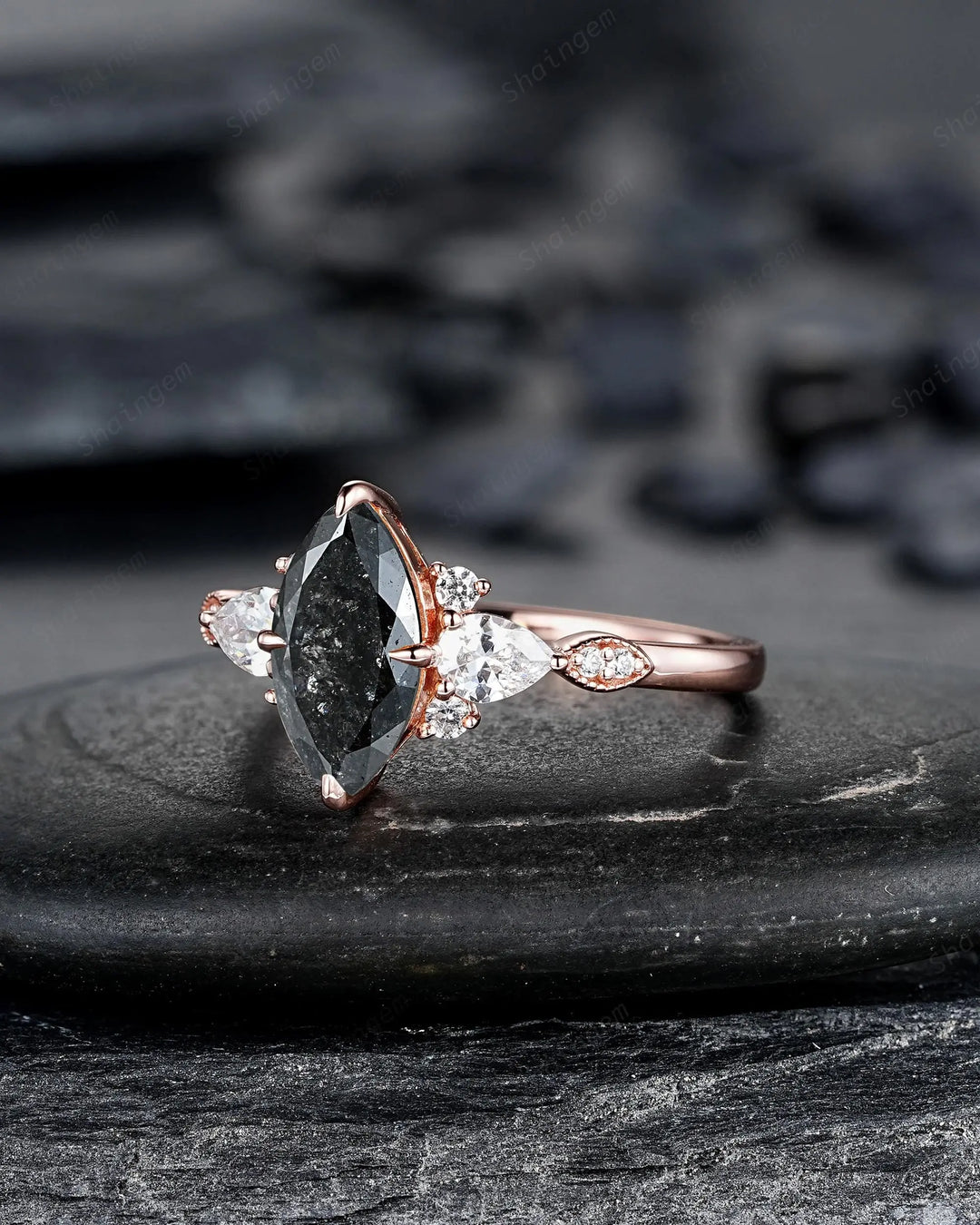 Marquise Salt and Pepper Diamond Engagement Ring, 14K 18K Rose Gold Natural Black Diamond Promise Ring, Platinum Cluster Wedding Ring - ShainJewelry
