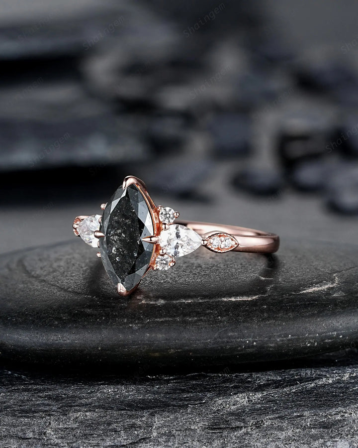 Marquise Salt and Pepper Diamond Engagement Ring, 14K 18K Rose Gold Natural Black Diamond Promise Ring, Platinum Cluster Wedding Ring - ShainJewelry