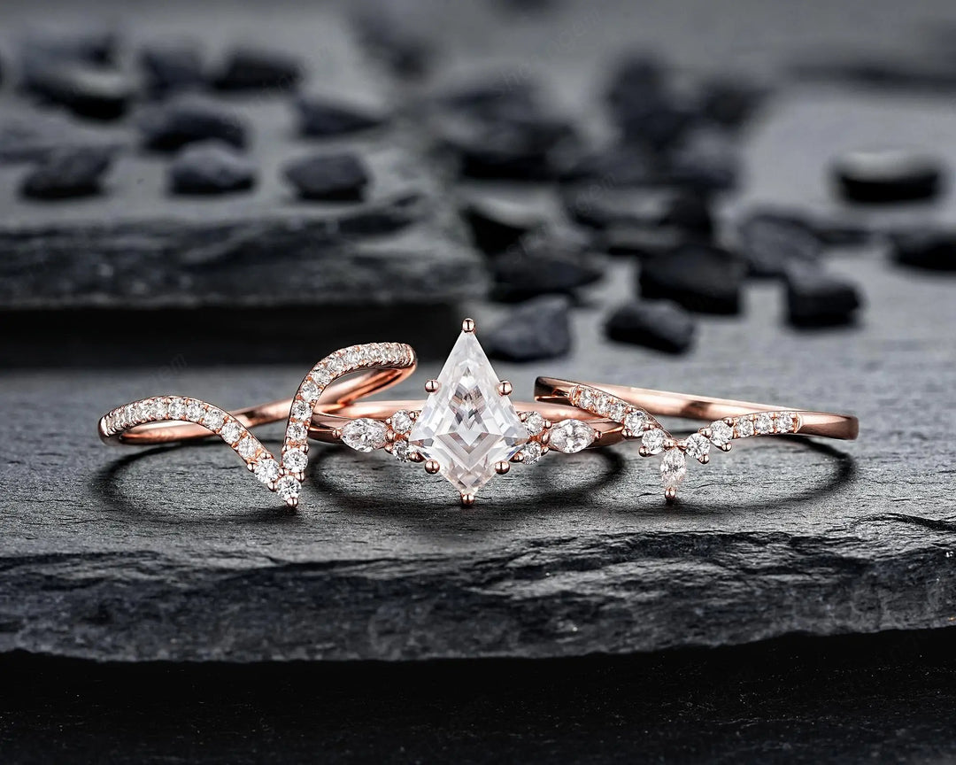 3PCS Kite Cut Moissanite Engagement Ring Set: V Shape Rose Gold Promise Ring, Curved Wedding Rings, 24K Gold Plated, Platinum Bridal Set - ShainJewelry