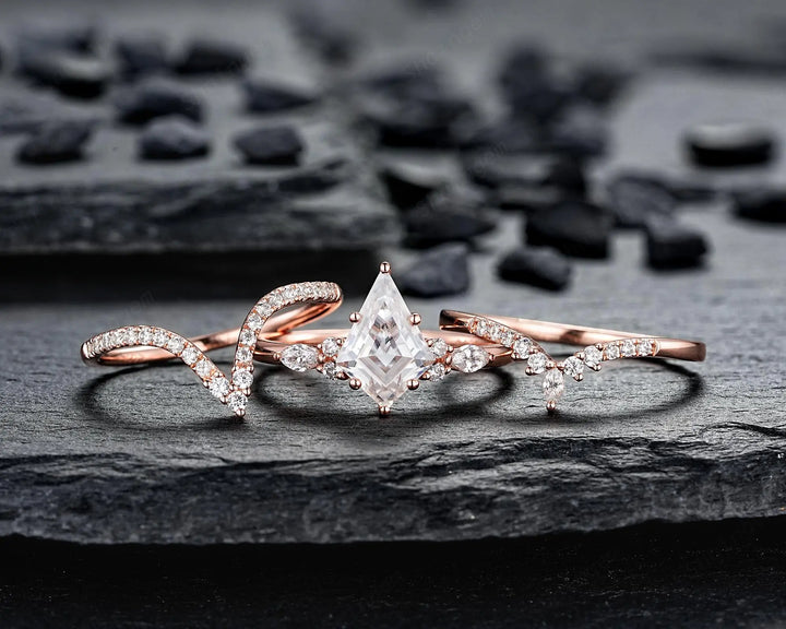 3PCS Kite Cut Moissanite Engagement Ring Set: V Shape Rose Gold Promise Ring, Curved Wedding Rings, 24K Gold Plated, Platinum Bridal Set - ShainJewelry