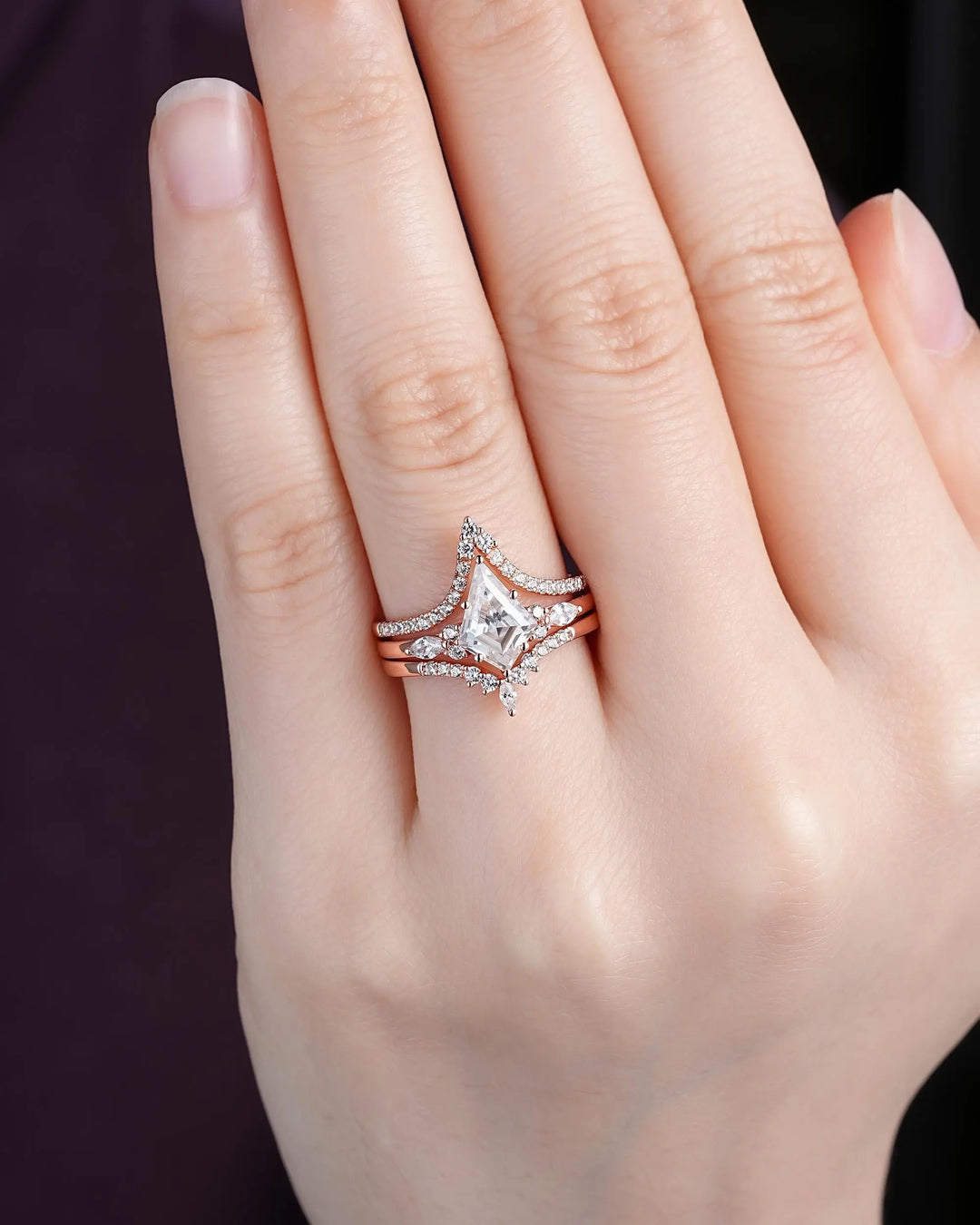 3PCS Kite Cut Moissanite Engagement Ring Set: V Shape Rose Gold Promise Ring, Curved Wedding Rings, 24K Gold Plated, Platinum Bridal Set - ShainJewelry