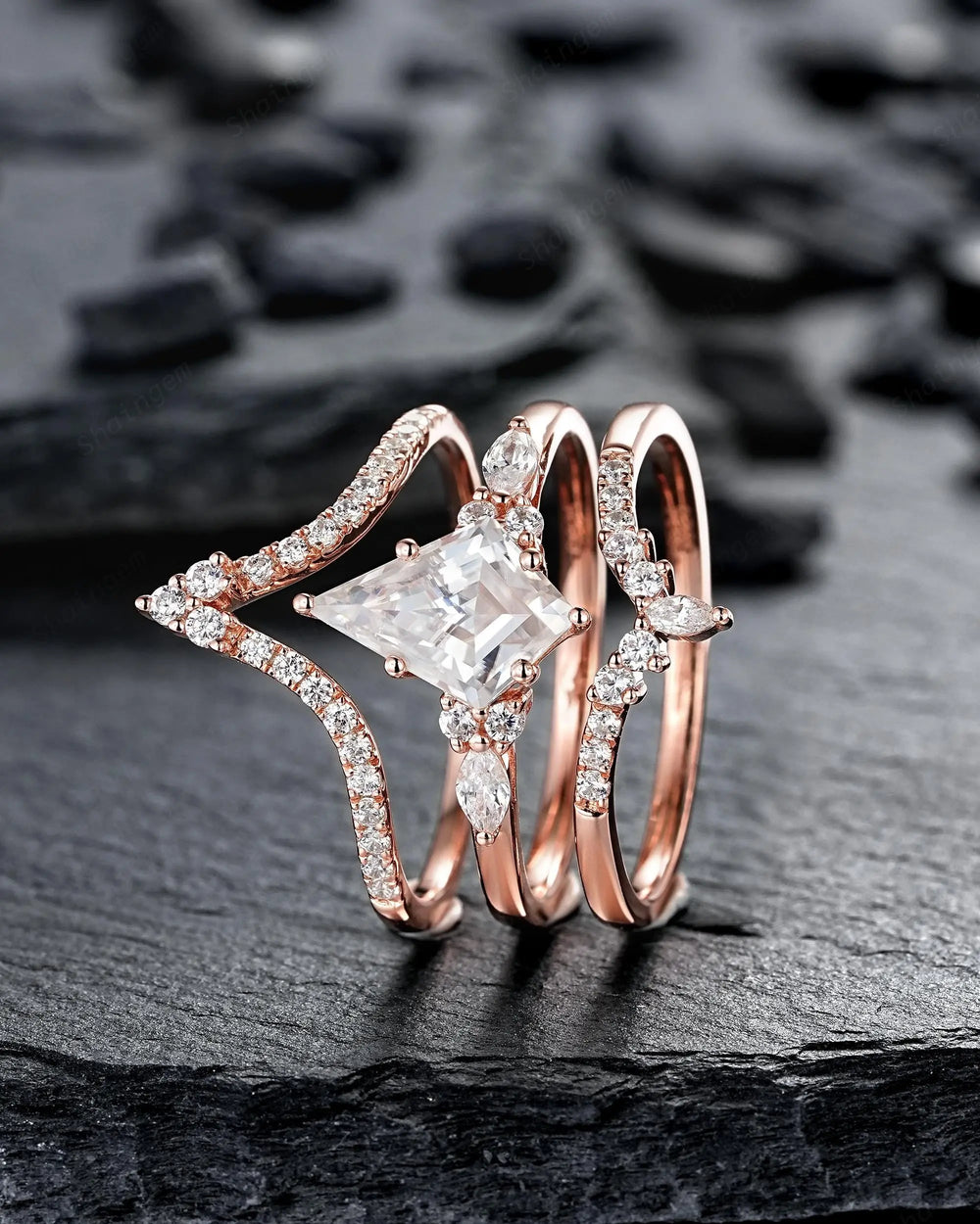 3PCS Kite Cut Moissanite Engagement Ring Set: V Shape Rose Gold Promise Ring, Curved Wedding Rings, 24K Gold Plated, Platinum Bridal Set - ShainJewelry