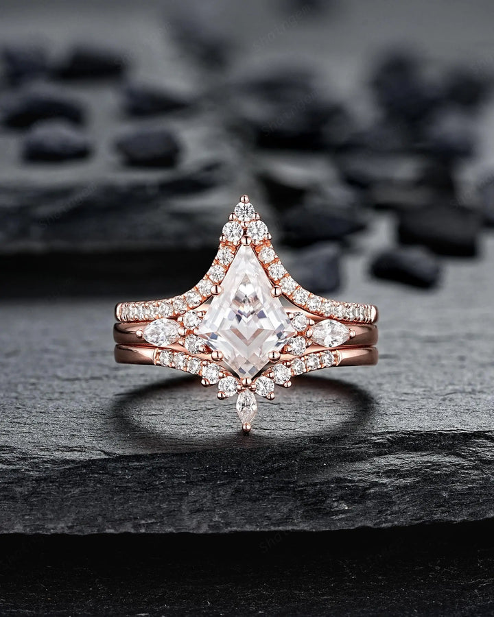 3PCS Kite Cut Moissanite Engagement Ring Set: V Shape Rose Gold Promise Ring, Curved Wedding Rings, 24K Gold Plated, Platinum Bridal Set - ShainJewelry
