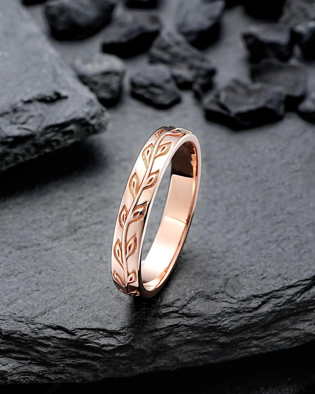 His and Hers Couple Ring Set: Full Eternity Engraved Leaf, Rose Gold Wedding Band, Engagement Band Promise Ring , Silver Men's Women's Band - ShainJewelry