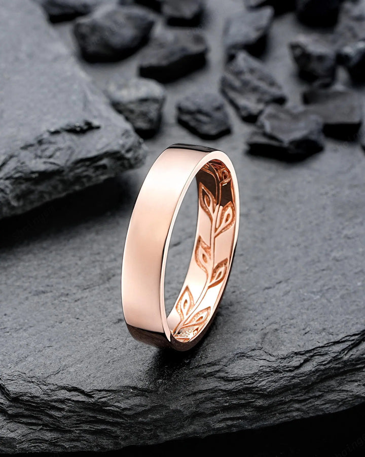 His and Hers Couple Ring Set: Full Eternity Engraved Leaf, Rose Gold Wedding Band, Engagement Band Promise Ring , Silver Men's Women's Band - ShainJewelry