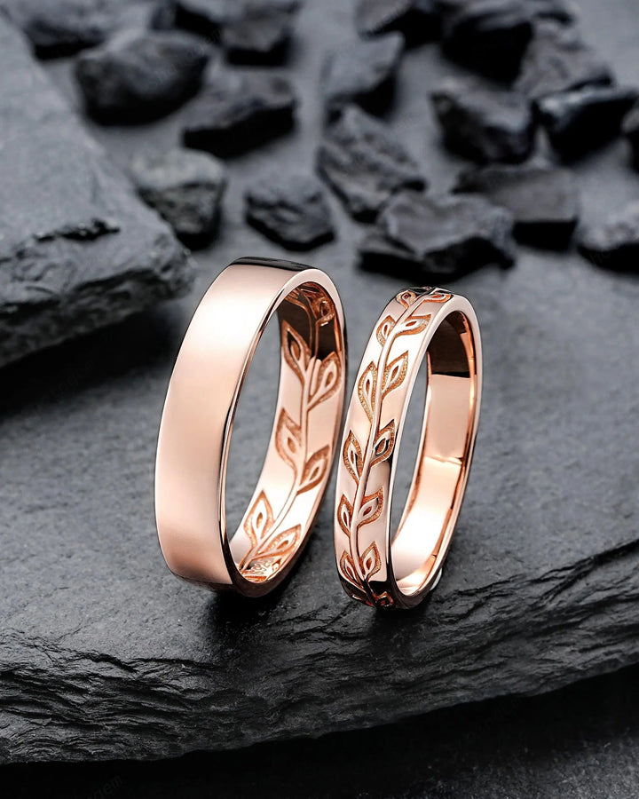 His and Hers Couple Ring Set: Full Eternity Engraved Leaf, Rose Gold Wedding Band, Engagement Band Promise Ring , Silver Men's Women's Band - ShainJewelry