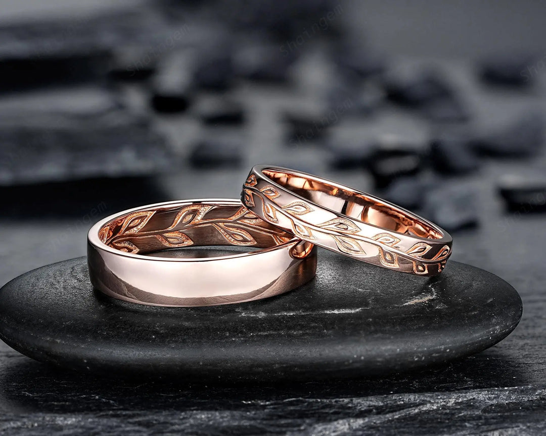 His and Hers Couple Ring Set: Full Eternity Engraved Leaf, Rose Gold Wedding Band, Engagement Band Promise Ring , Silver Men's Women's Band - ShainJewelry