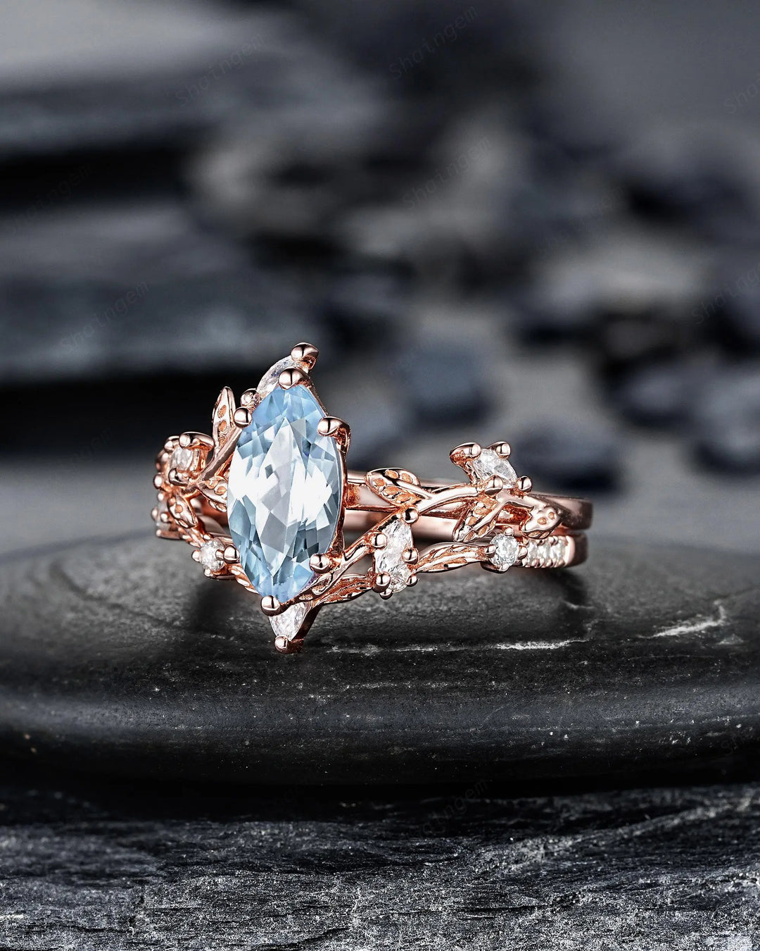 Marquise Cut Aquamarine Engagement Ring: Solid Rose Gold Twig Branch Wedding Set, Nature Inspired Leaf Vine Promise Ring, Platinum Rings - ShainJewelry