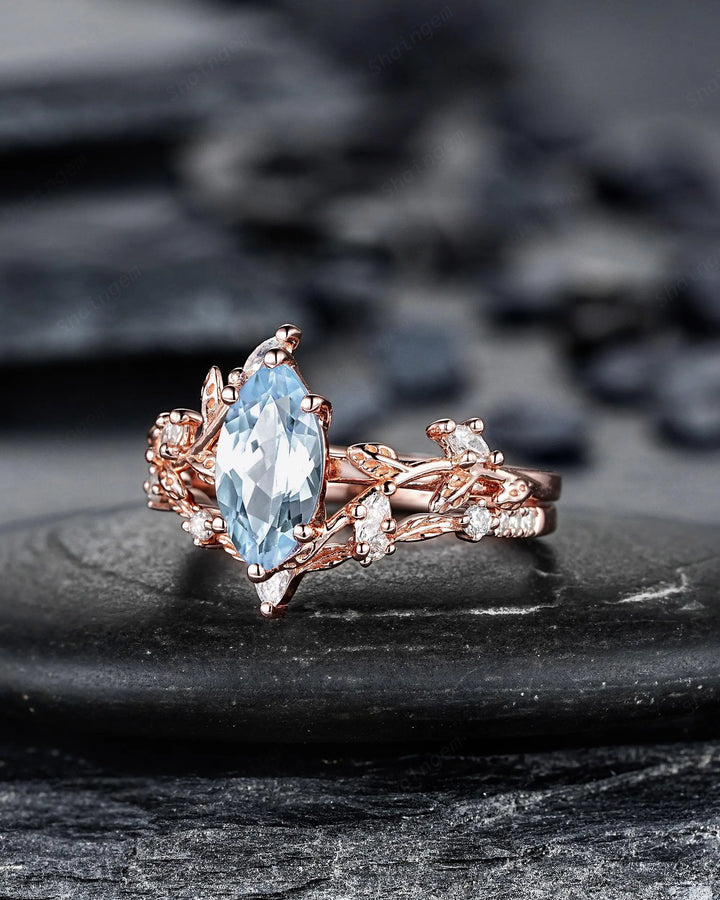 Marquise Cut Aquamarine Engagement Ring: Solid Rose Gold Twig Branch Wedding Set, Nature Inspired Leaf Vine Promise Ring, Platinum Rings - ShainJewelry